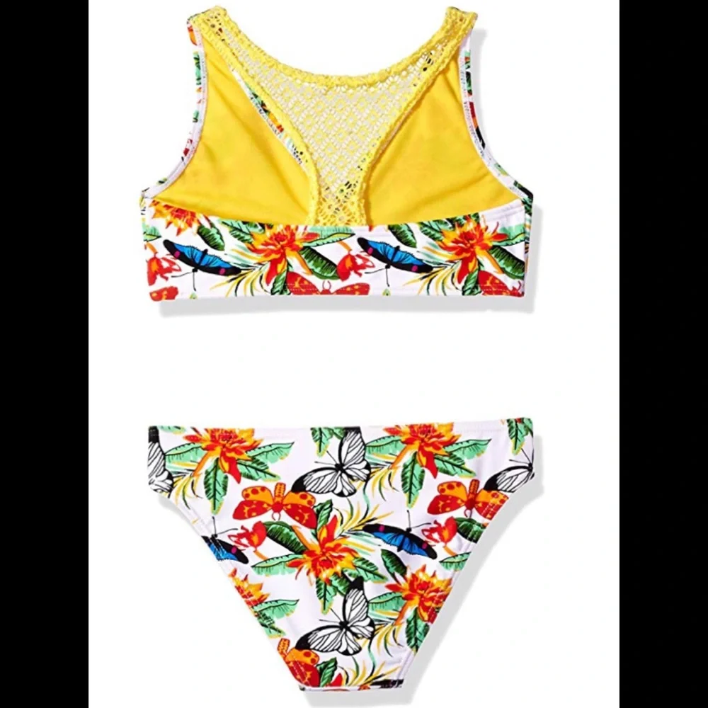 NWOT Vigoss 7/8 yellow crochet mesh racer back top butterfly floral swim set